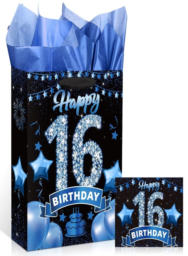 Yoirrat Blue and Black 16th Birthday Gift Bag with Tissue Paper and Greeting Card Happy 16th Birthday Gift Wrapping Paper Bag Blue 16 Kraft Gift Bag for Boys and Girls Sixteen Bday Party Decoration Supplies - Image 1